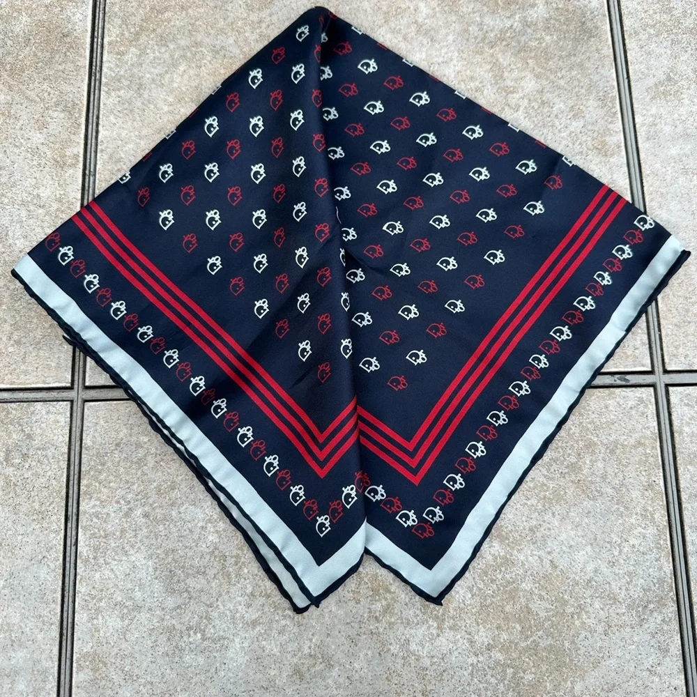 Christian Dior Blue Red White Silk Allover Logo Print Bordered Hand Roll Scarf